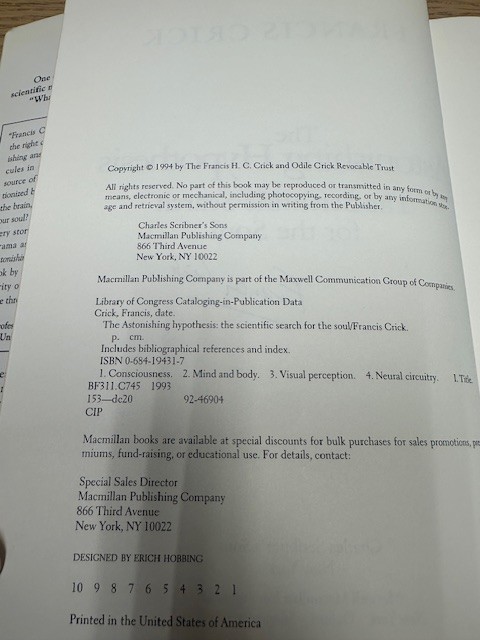 The Astonishing Hypothesis SIGNED by Francis Crick HCDJ