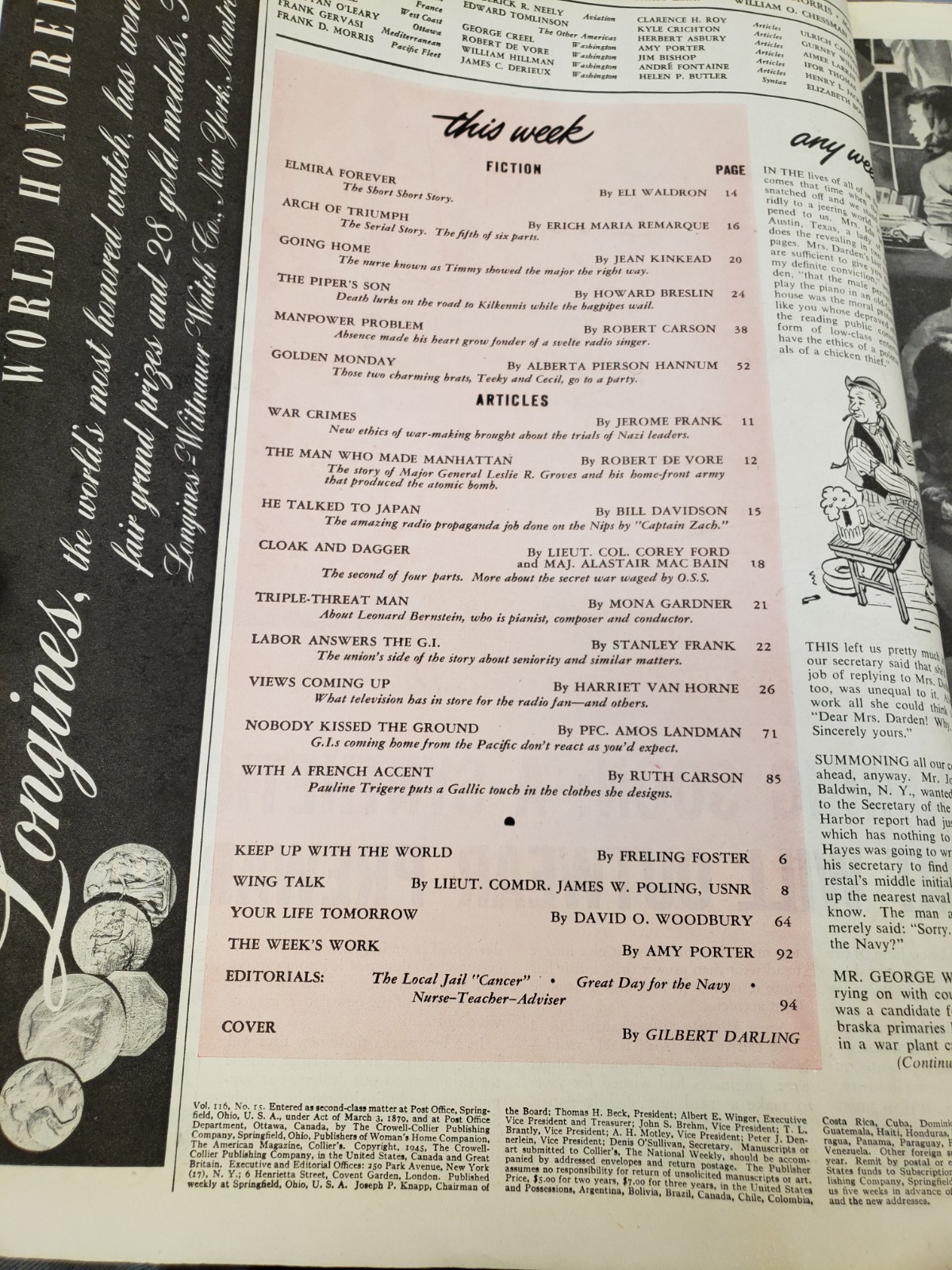 COLLIER’s MAGAZINE 13 Oct 1945 Used Magazine 94 pages