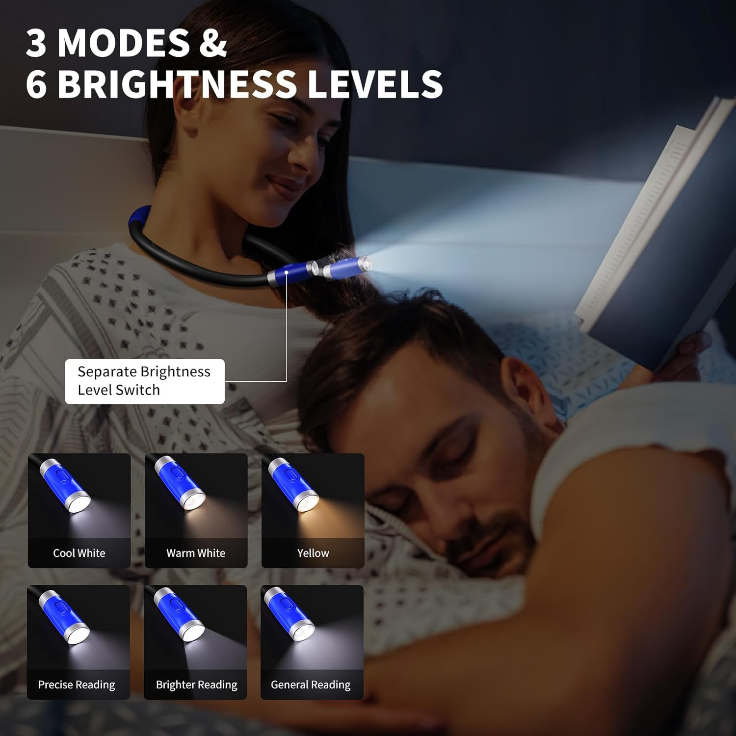 LUXJET Neck Reading Light & Book Lights – 3 Color & 6 Brightness, Flexible Arm,
