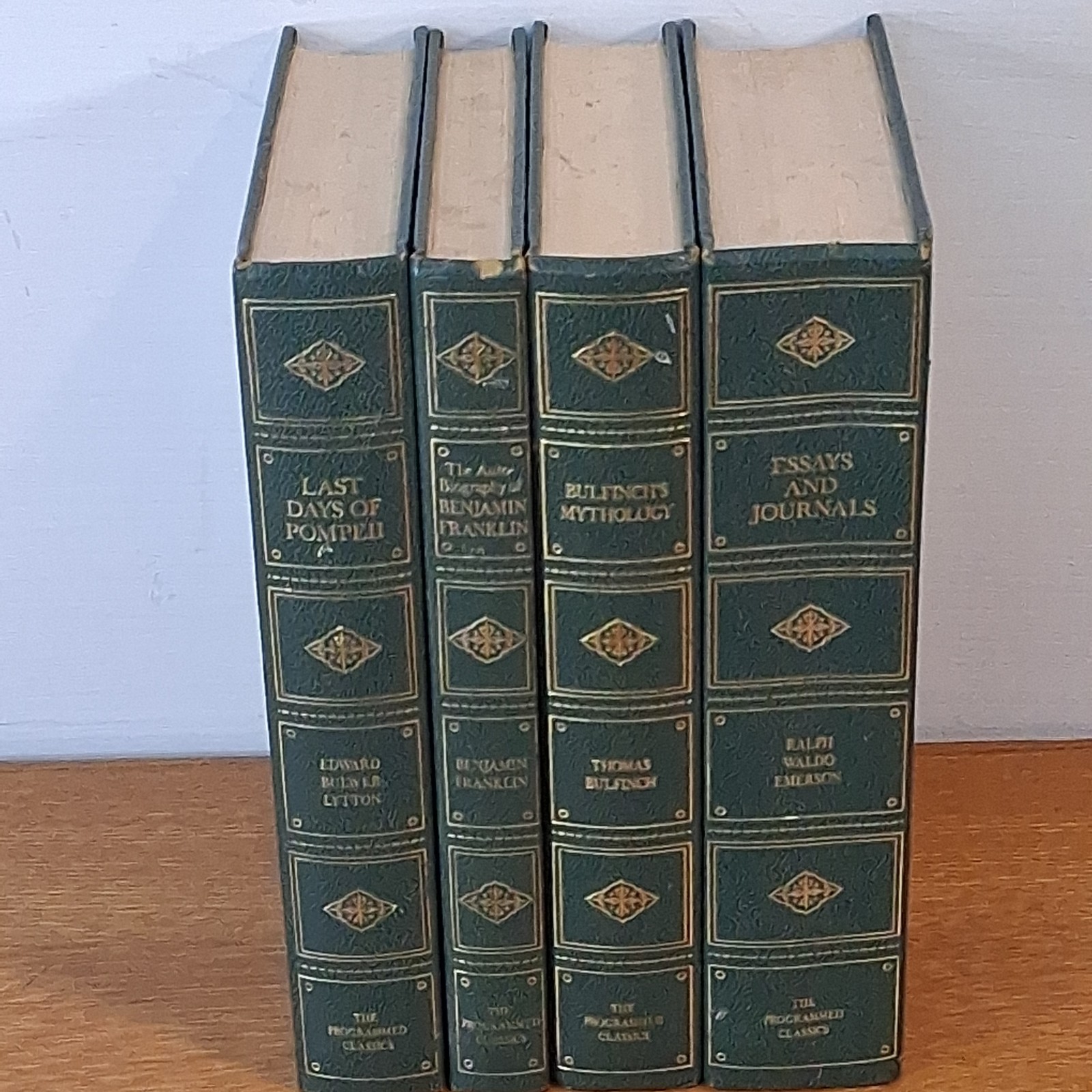 4 “Programmed Classics” Books Green Gold Deco Emerson, Bulfinch Franklin… Nice