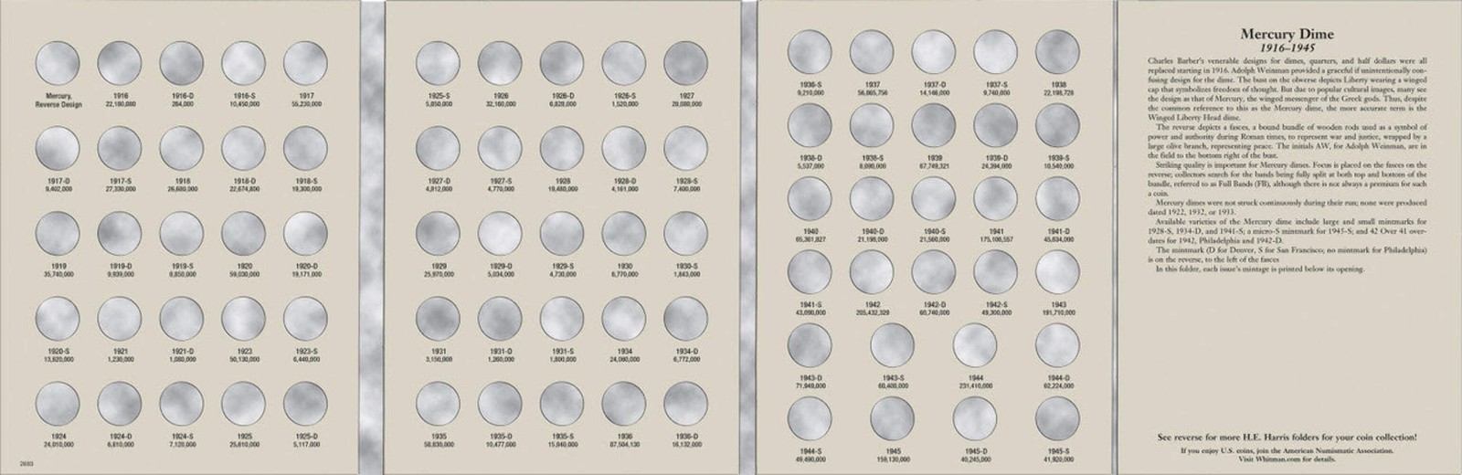 H.E. Harris & Co. Mercury Dime Coin Folder 1916-1945 #2683