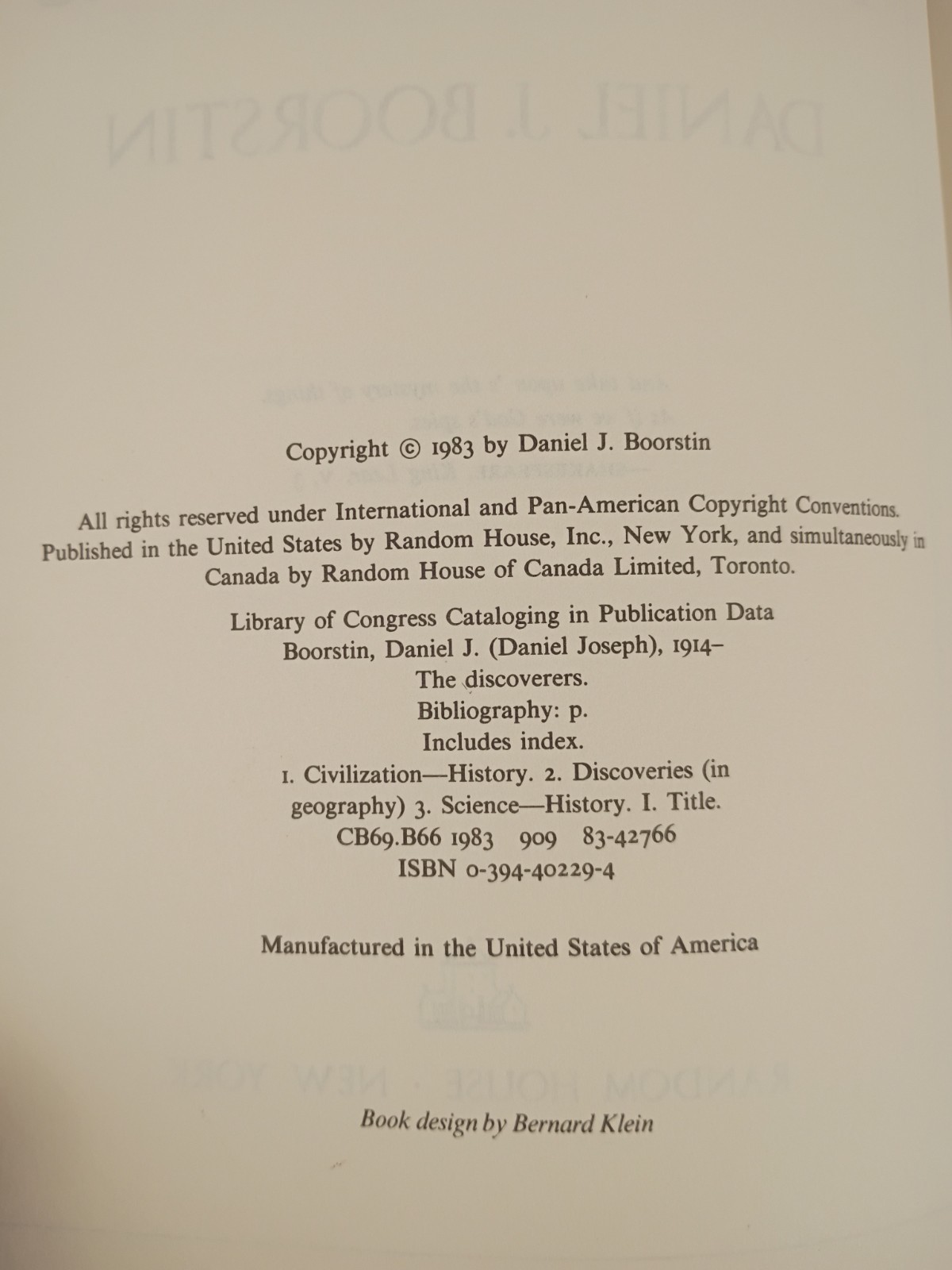 The Discoverers Daniel J. Boorstin 1983 HBDJ Very Good