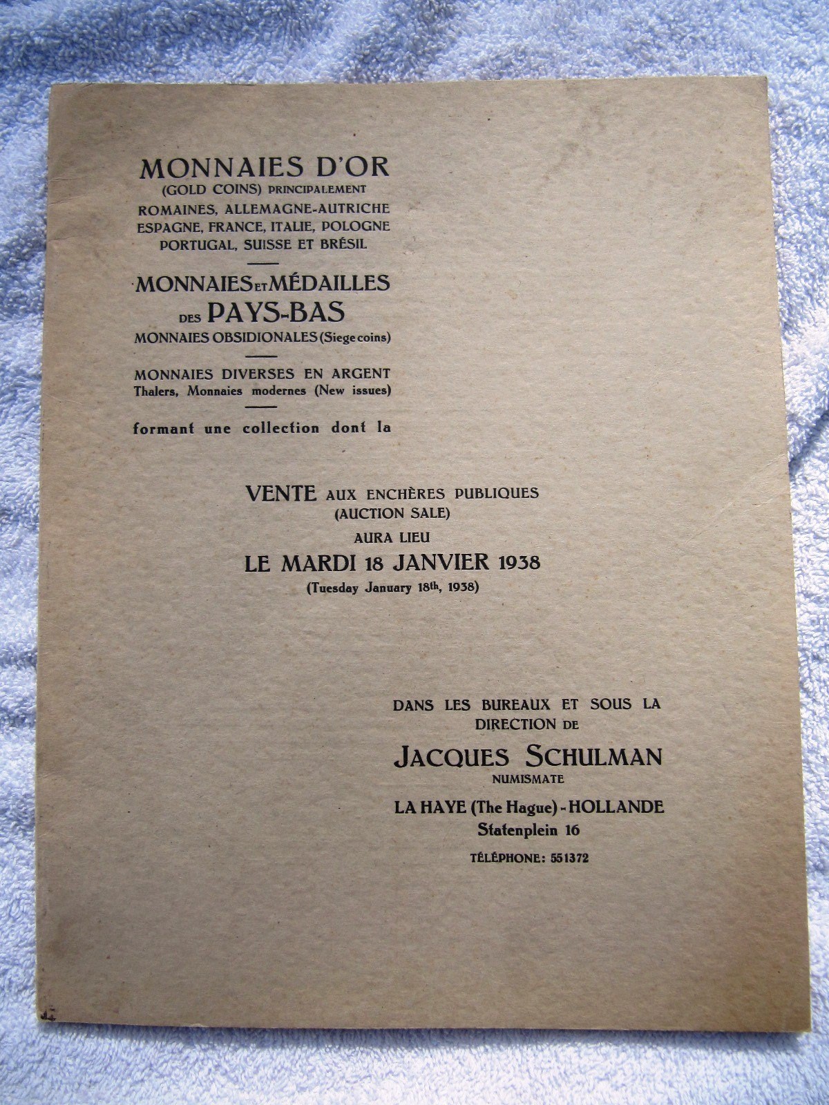 1938 JACQUES SCHULMAN Dutch Gold Coins Auction CATALOG Medals Monnaies d’Or