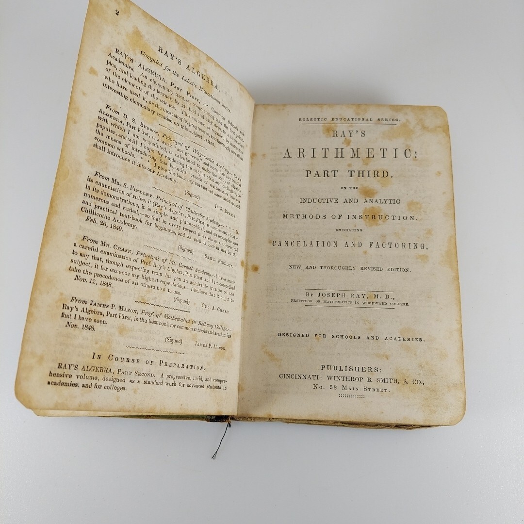Ray’s Arithmetic Part Third Joseph Ray HC Winthrop B. Smith & Co. Cincinnati