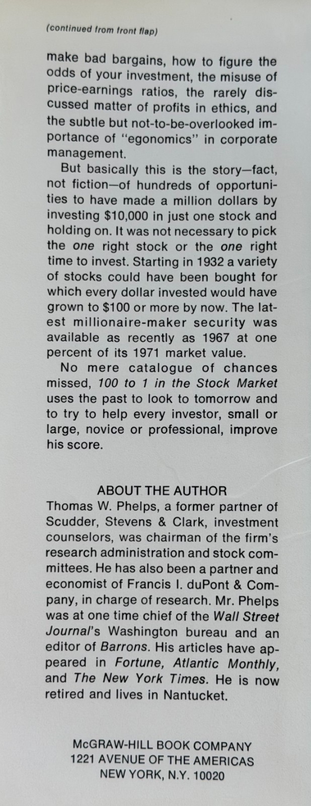 100 To 1 in the Stock Market 1972 Thomas Phelps ~ Wall Street ~ Signed with DJ