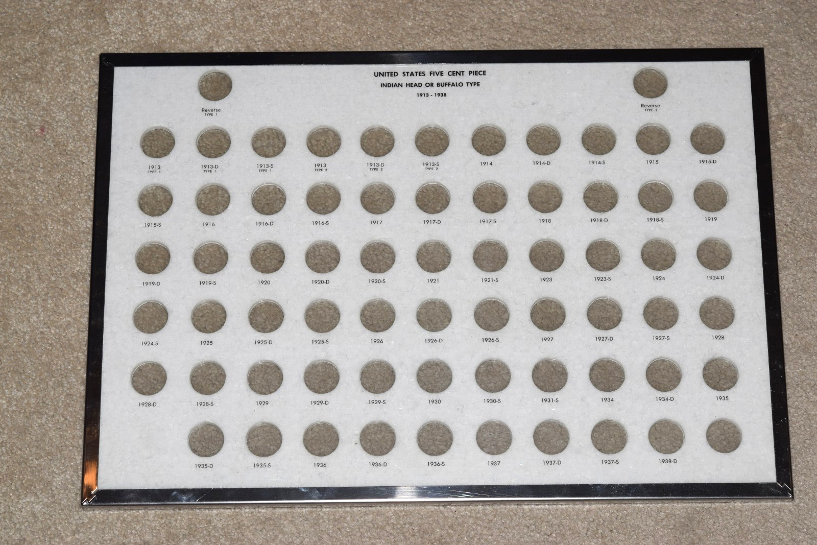 ESHBACH GLASS ENCLOSED 1913-1938 BUFFALO NICKEL SET DISPLAY 11 X16 INCHES!! #10