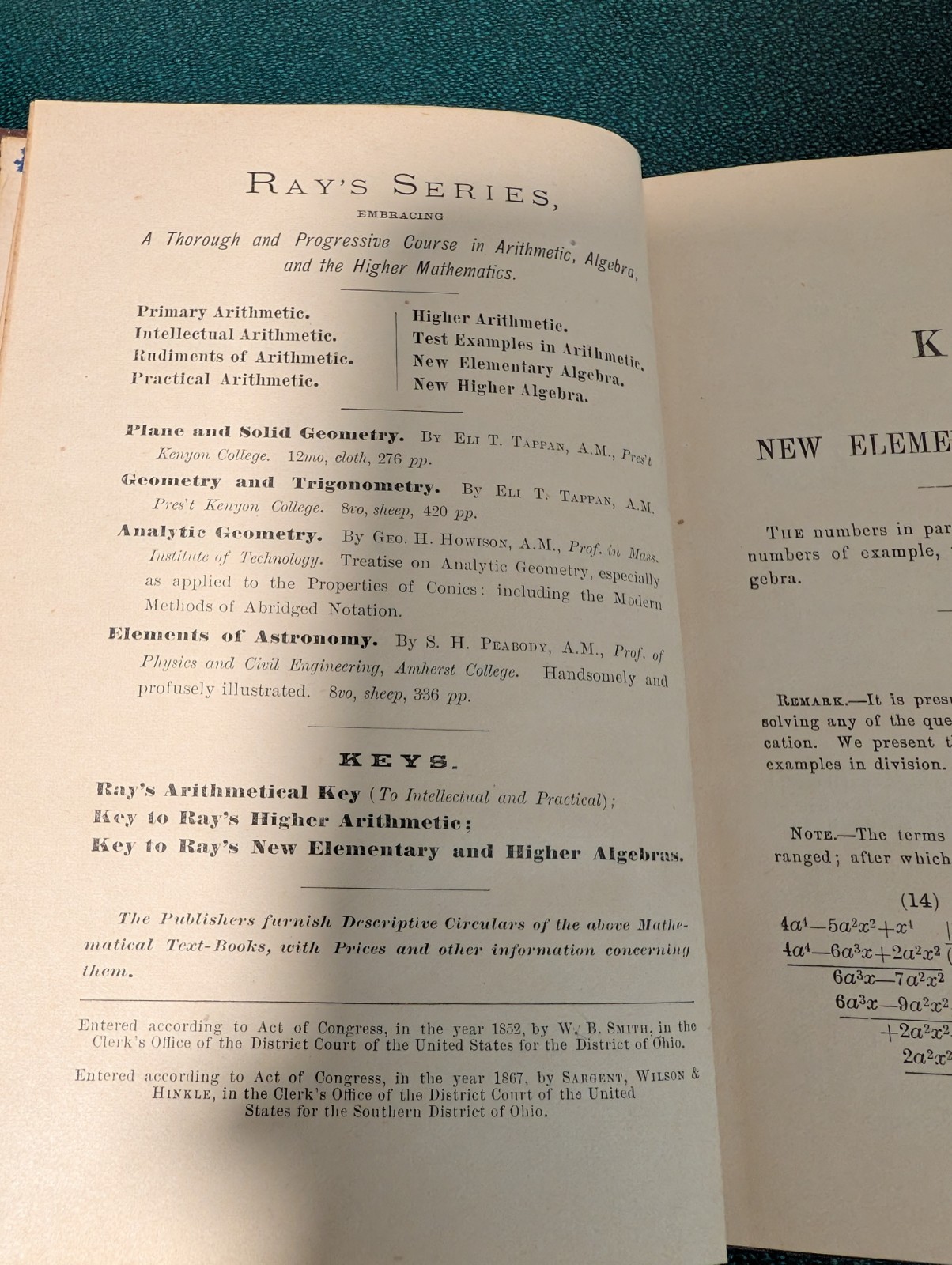 Ray’s Mathematical Series Key to Ray’s New Algebras by Joseph Ray 1867