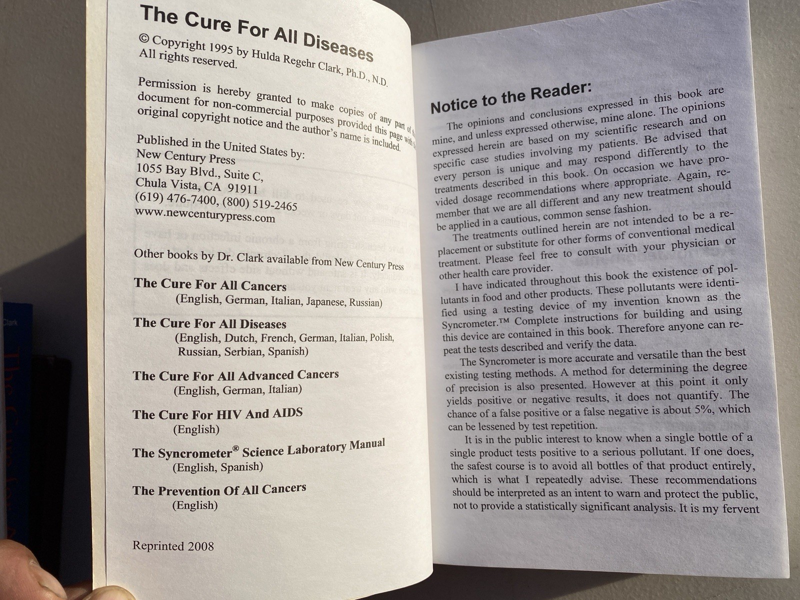 Cure for All Diseases With Many Case Histories Hulda Regehr Clark 2008 PB
