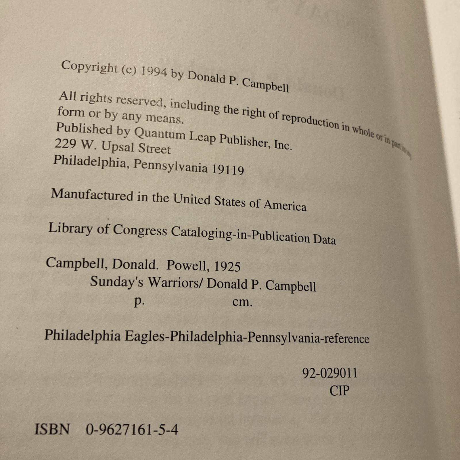 Sunday’s Warriors By Donald Campbell 1994 Paperback 650 Pages – Phila Eagles