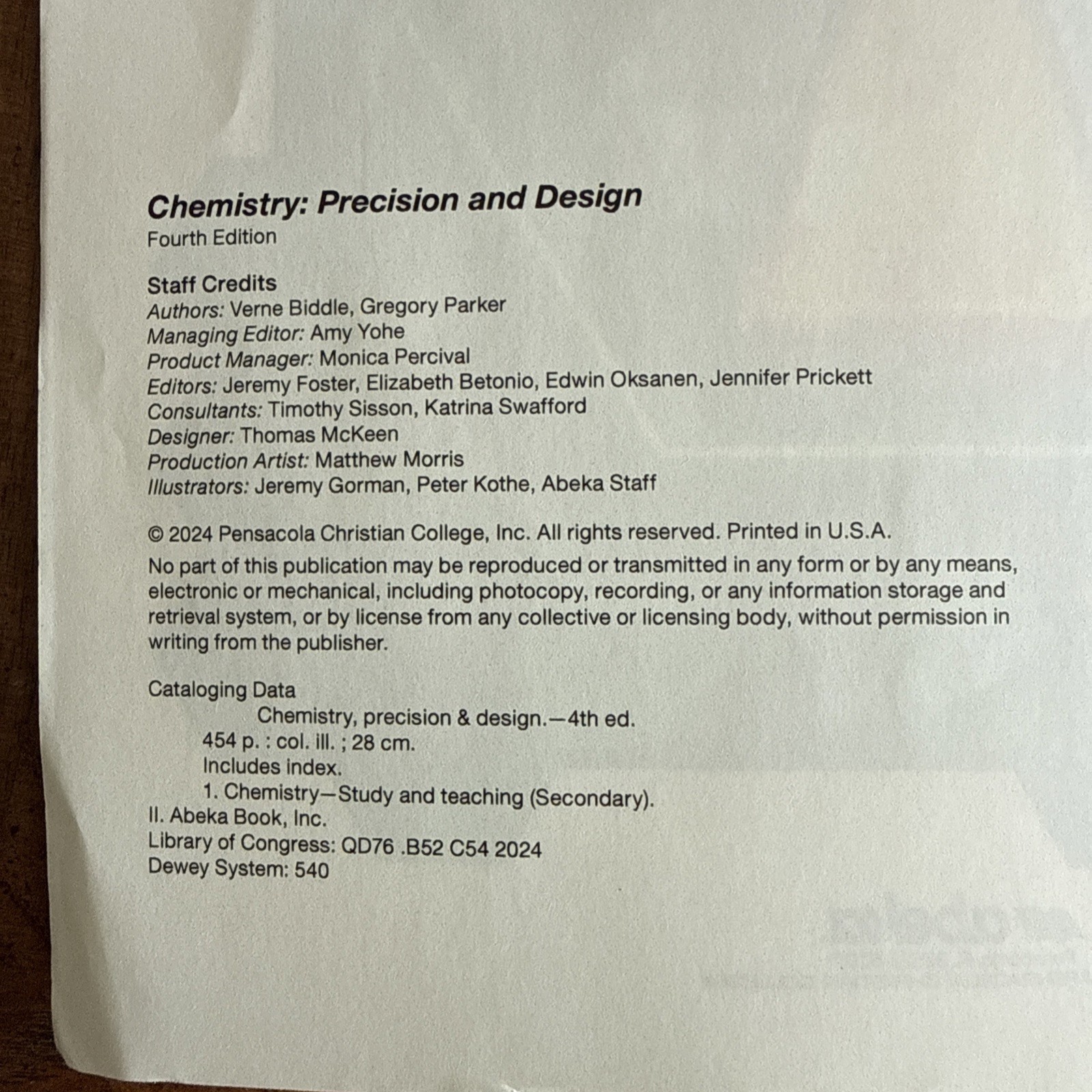 Abeka Chemistry Precision And Design Student Textbook Current 4th Edition