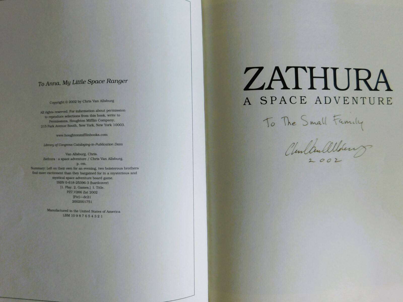 Zathura-A Space Adventure, Signed by Chris Van Allsburg 2002 1st Edition