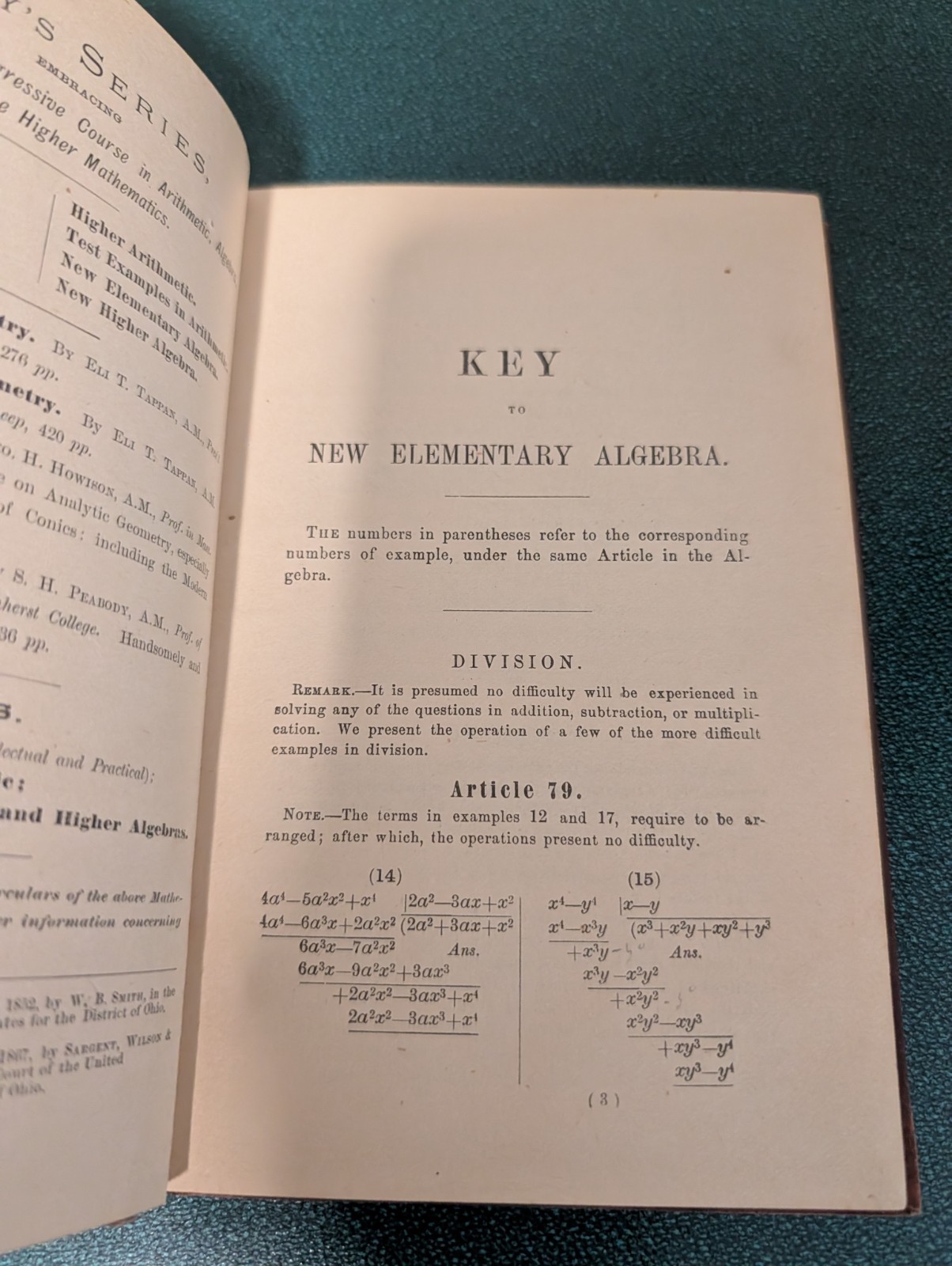 Ray’s Mathematical Series Key to Ray’s New Algebras by Joseph Ray 1867