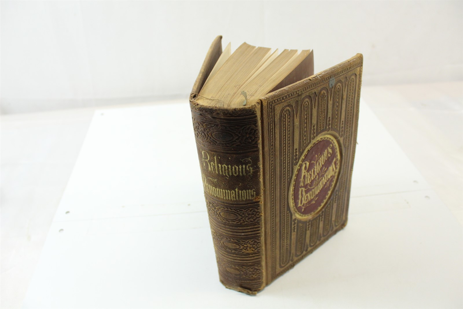 Antique 1860 Hardcover Book Religious Denominations Leather Cover 528 Pages