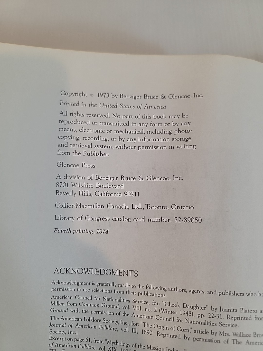 Literature of the American Indian 4th Printing 1974