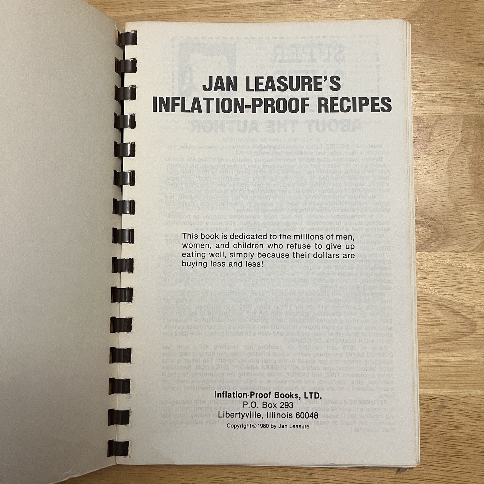 Jan Leasures Inflation Proof Recipes Spiral Bound Cookbook Vintage 1980