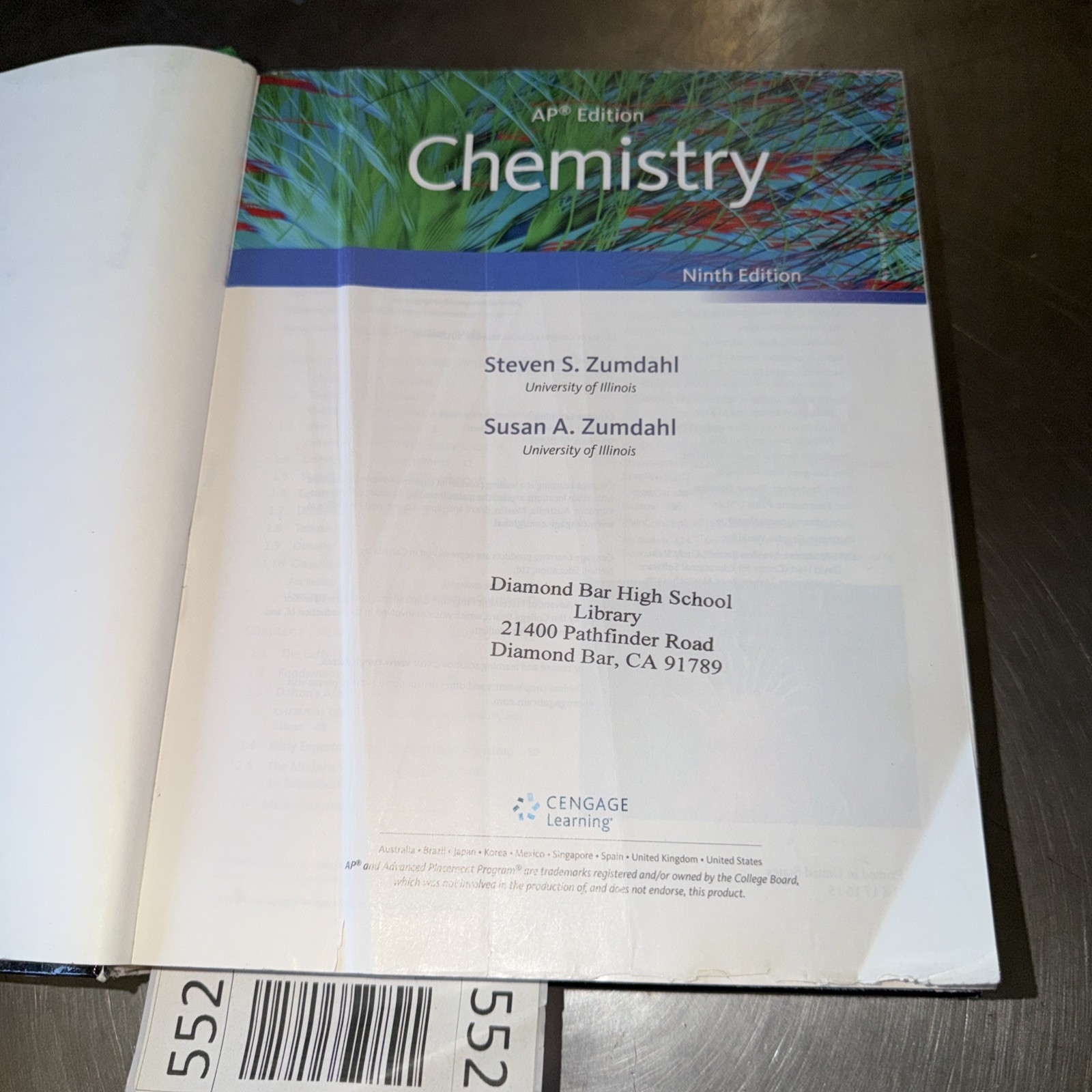 AP Chemistry ~ Steven Zumdahl AP Edition 9th Edition H.S. Chemistry Textbook