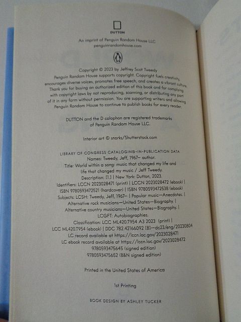 SIGNED First Edition World Within a Song by Jeff Tweedy Wilco VERY GOOD
