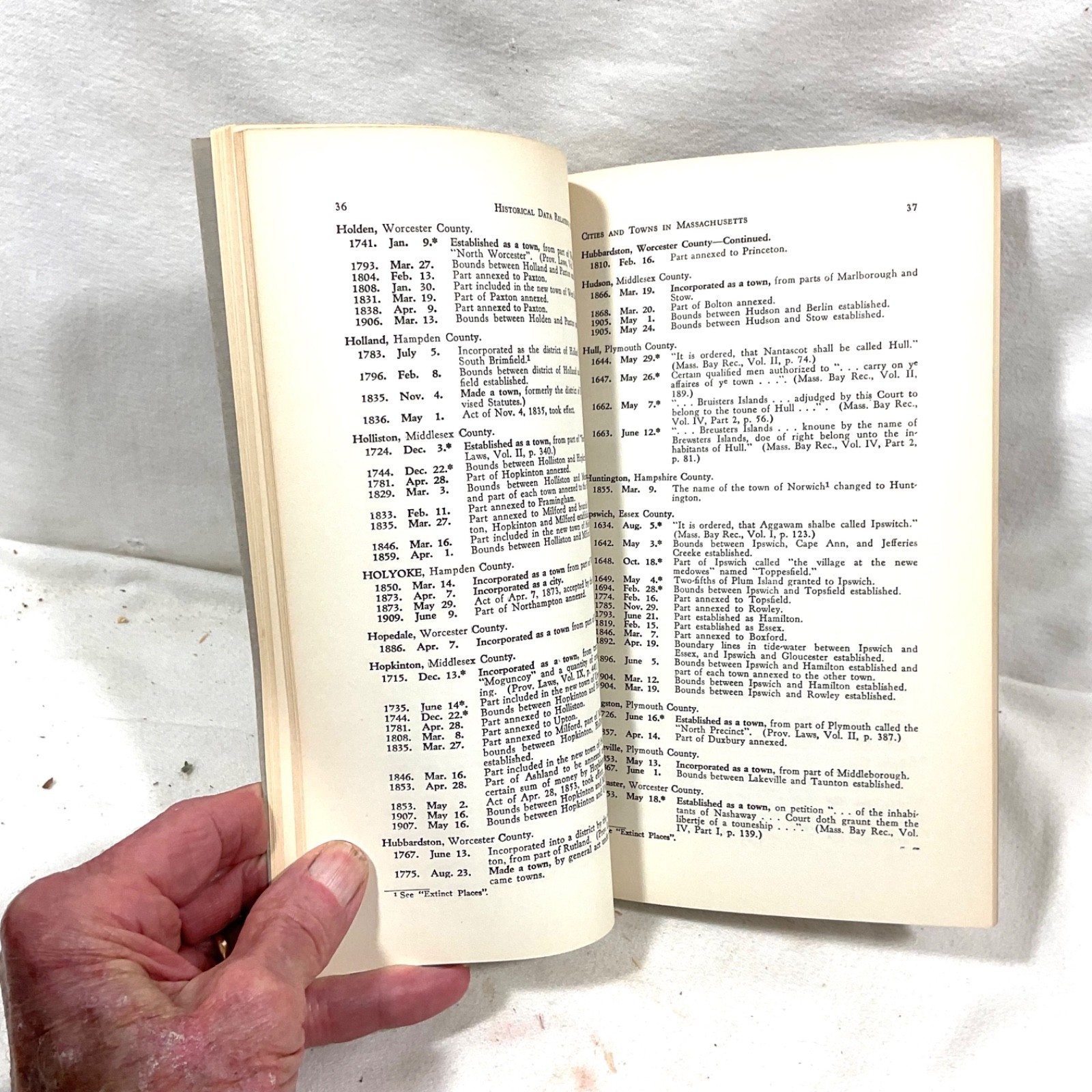 Historical Data relating to Counties, Cities & Town in Mass. 1948. With Map.