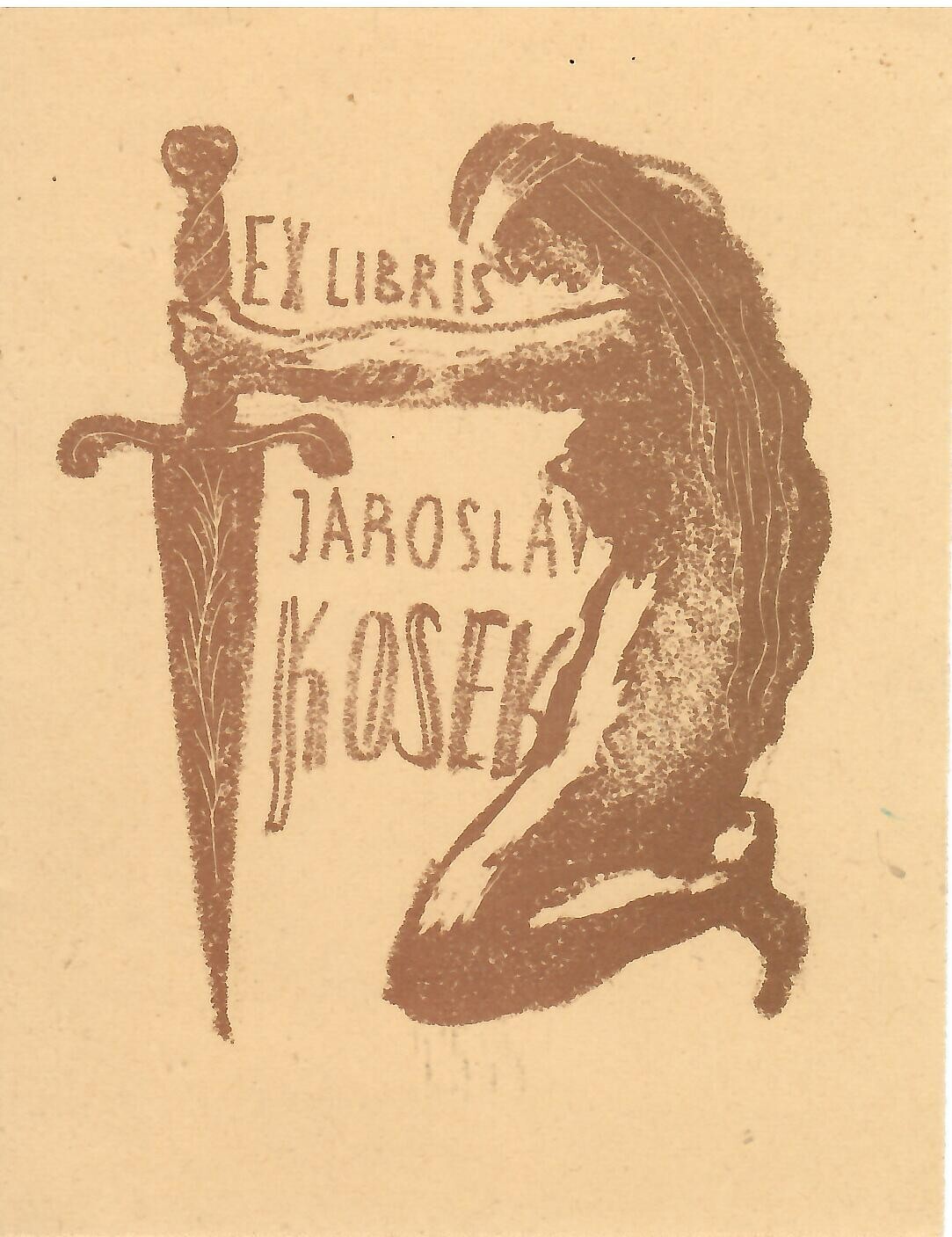 1968 Vintage Original Ex Libris Bookplate – “JAROSLAV KOSEK” ~ Female with Sword