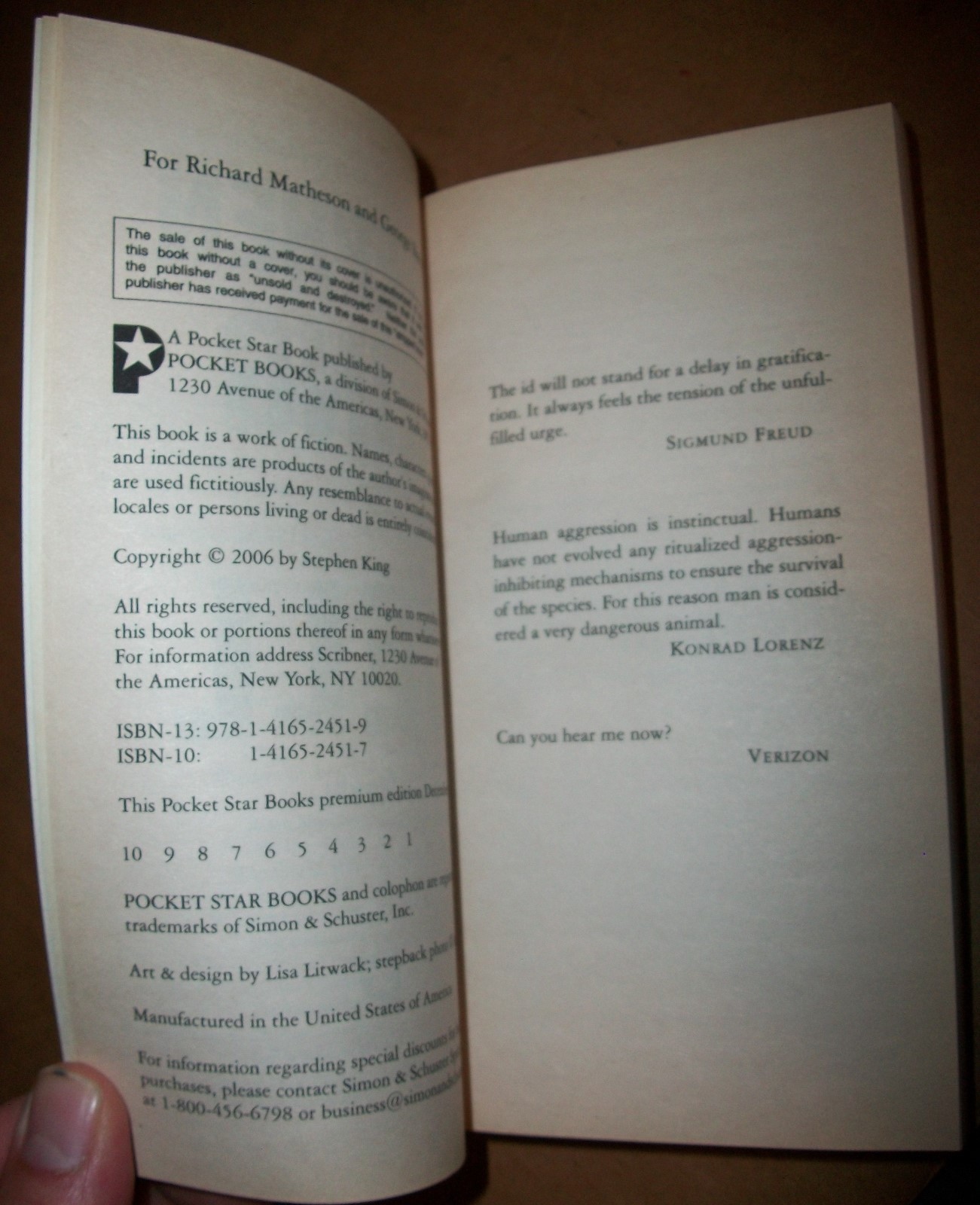 Stephen King PB TR Cell 2006 1st print Pocket Books novel keyhole cover $8.99 VG