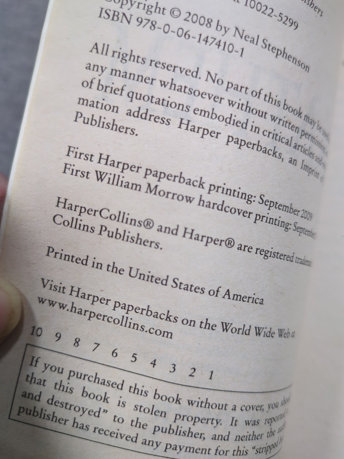 Anathem Neal Stephenson First Harper Edition September 2009 Mass Market PB
