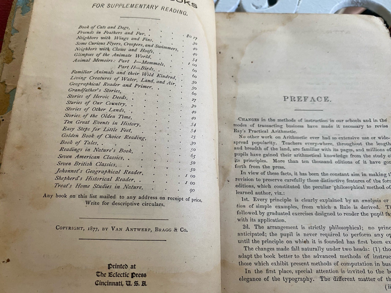 2 Antique Books School Readers 1877 Ray’s New Practical Arithmetic Math Book