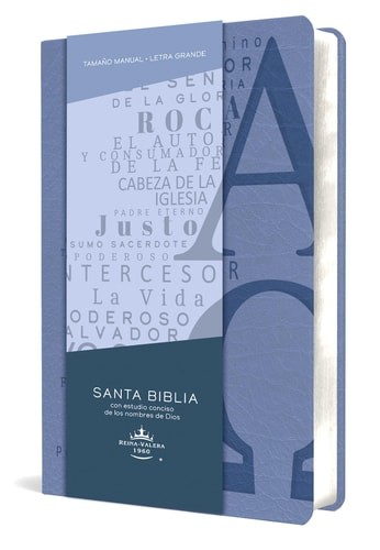 Biblia RVR 1960 letra grande tamaño manual, símil piel azul celeste con nombres