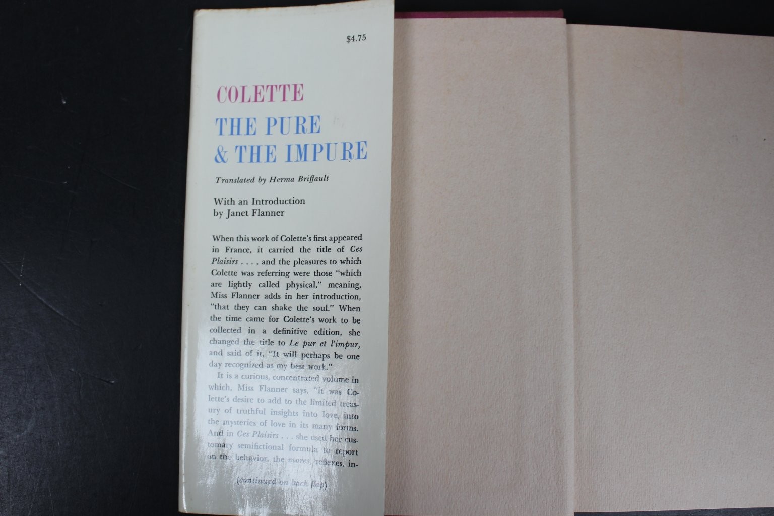 The Pure & The Impure Colette 1967 First Printing Farrar, Straus & Giroux