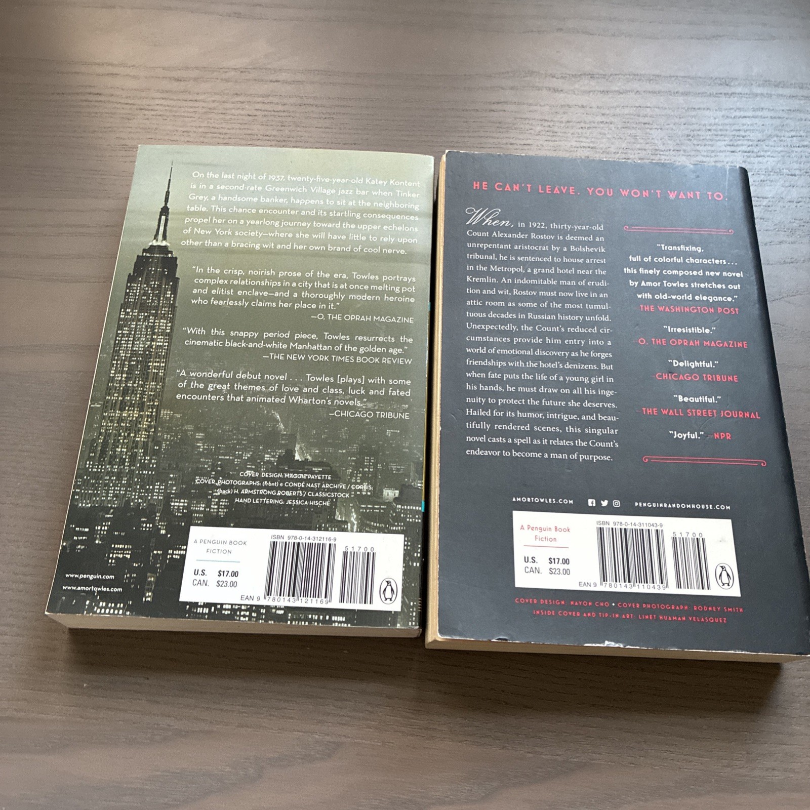 Amor Towles 2 Trade Paperback Lot: Rules Of Civility and A Gentleman In Moscow