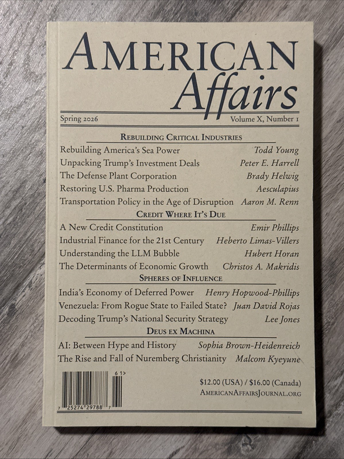 American Affairs Journal Magazine Vol X Number 1 Spring 2026