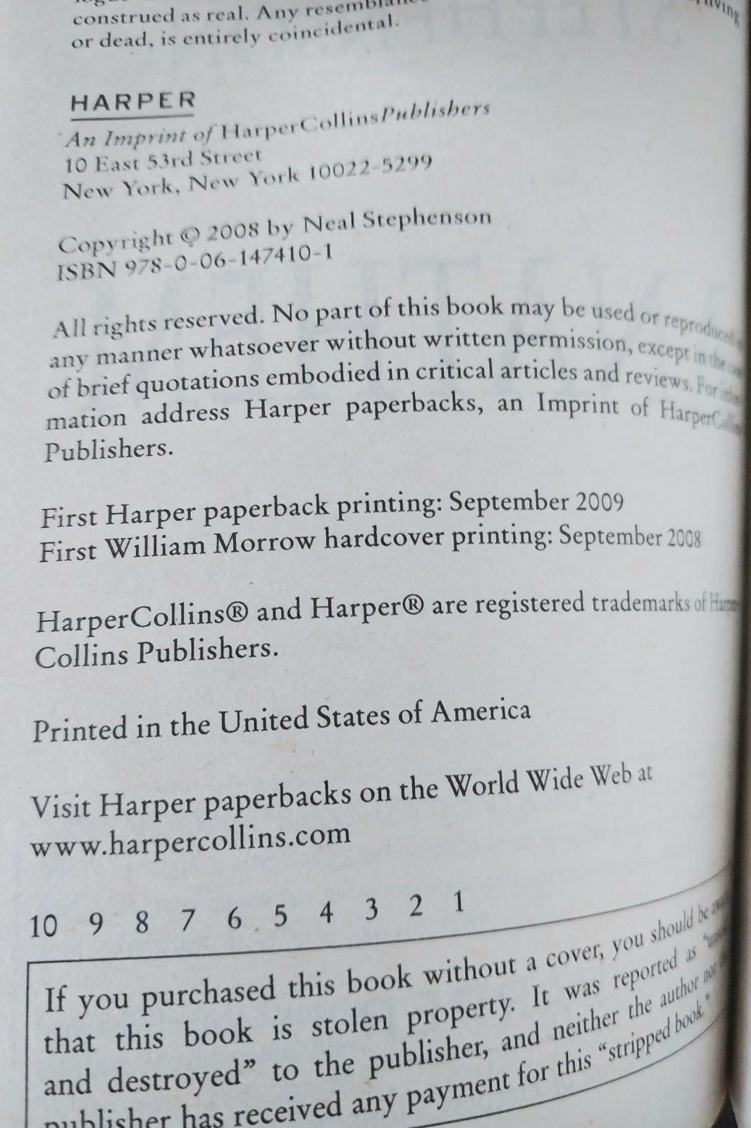 Neal Stephenson – Cryptonomicon – Harper First Printing 2009
