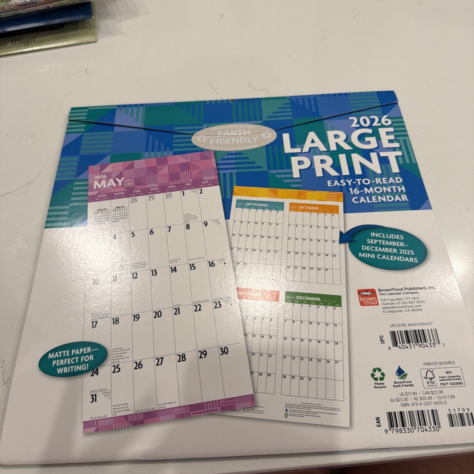 Large Print 2026 12 X 24 Inch (Hanging) Monthly Square Wall Calendar Matte Paper