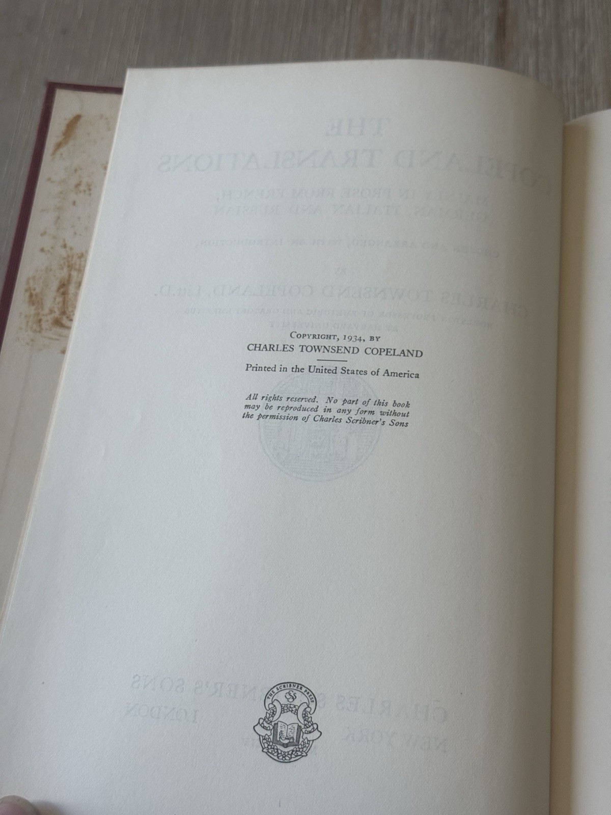 The Copeland Translations by Charles Townsend Copeland 1934 Hardcover