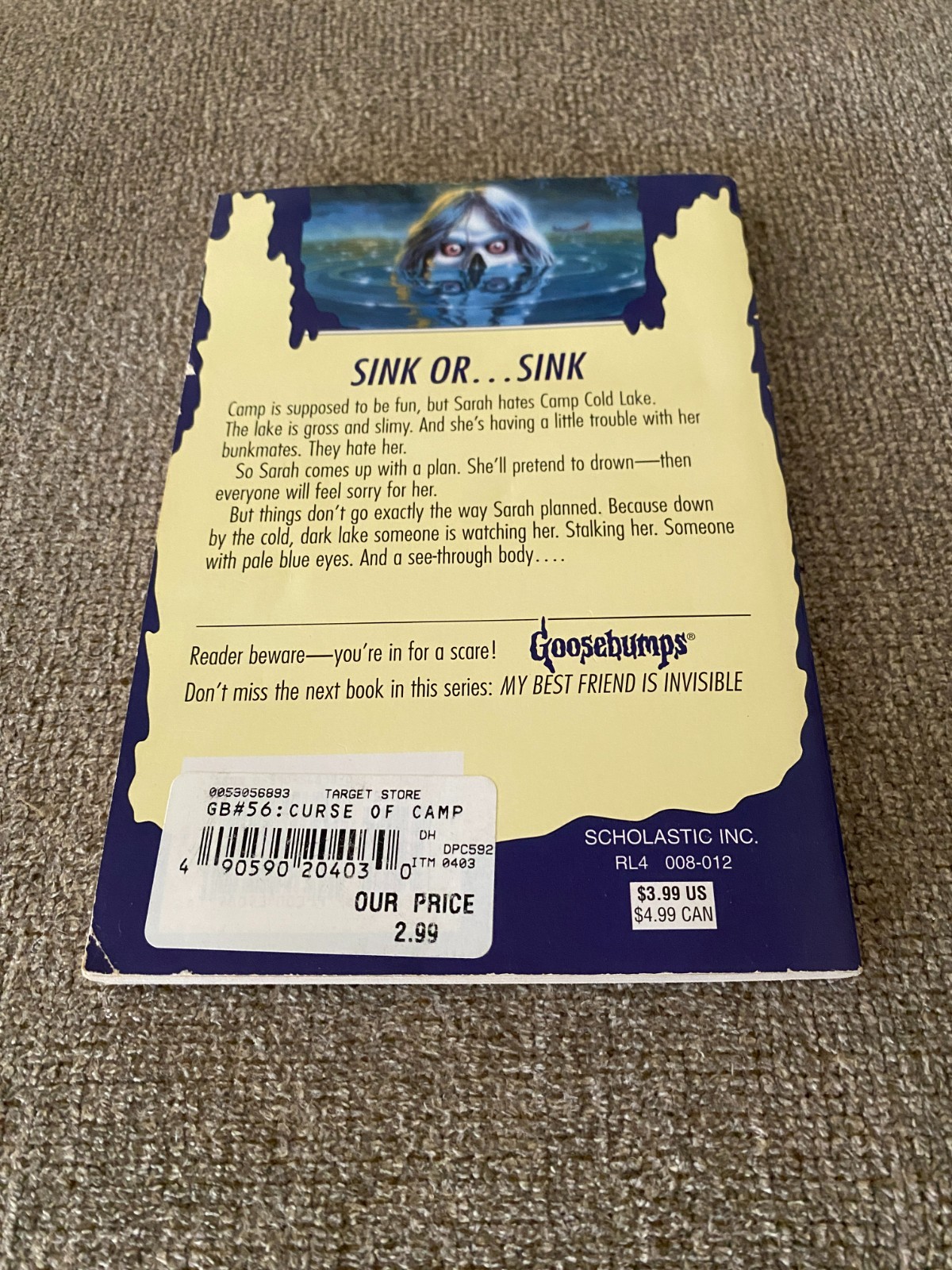 LN 1st print Goosebumps #56 The Curse of Camp Cold Lake w/att bookmark & cards