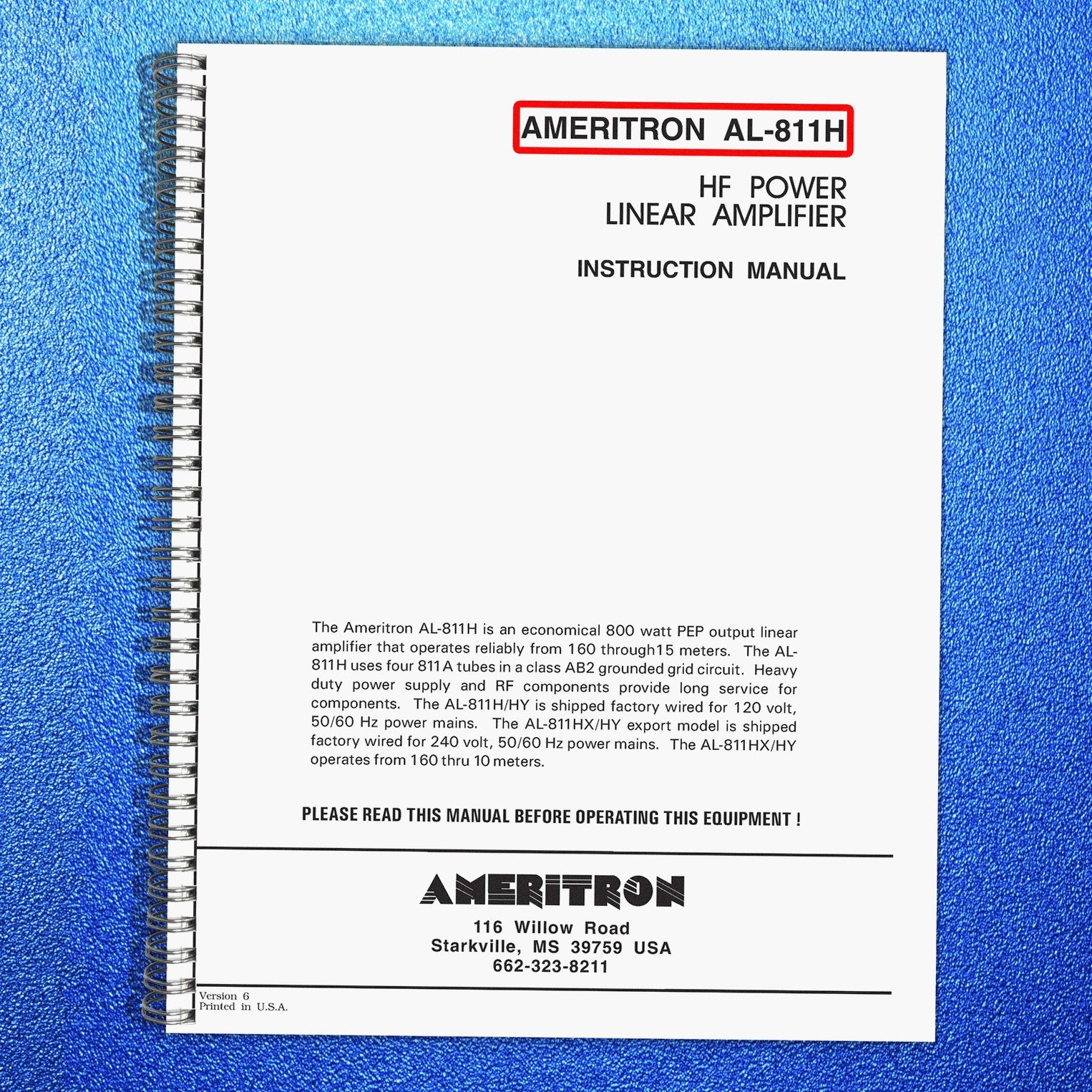 AMERITRON AL-811H HF Power Linear Amplifier Instruction Manual – WIRE BIND