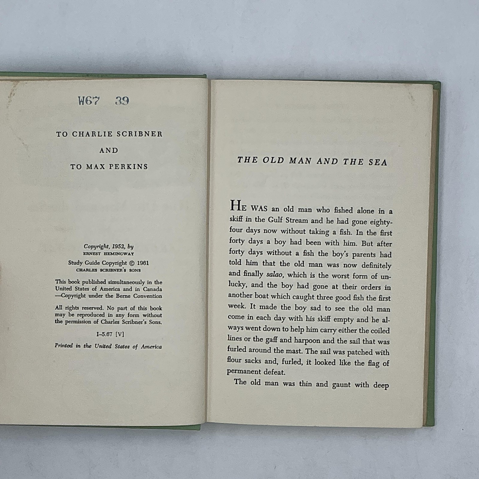 THE OLD MAN AND THE SEA Ernest Hemingway 1952 HC Charles Scribner’s Sons Green