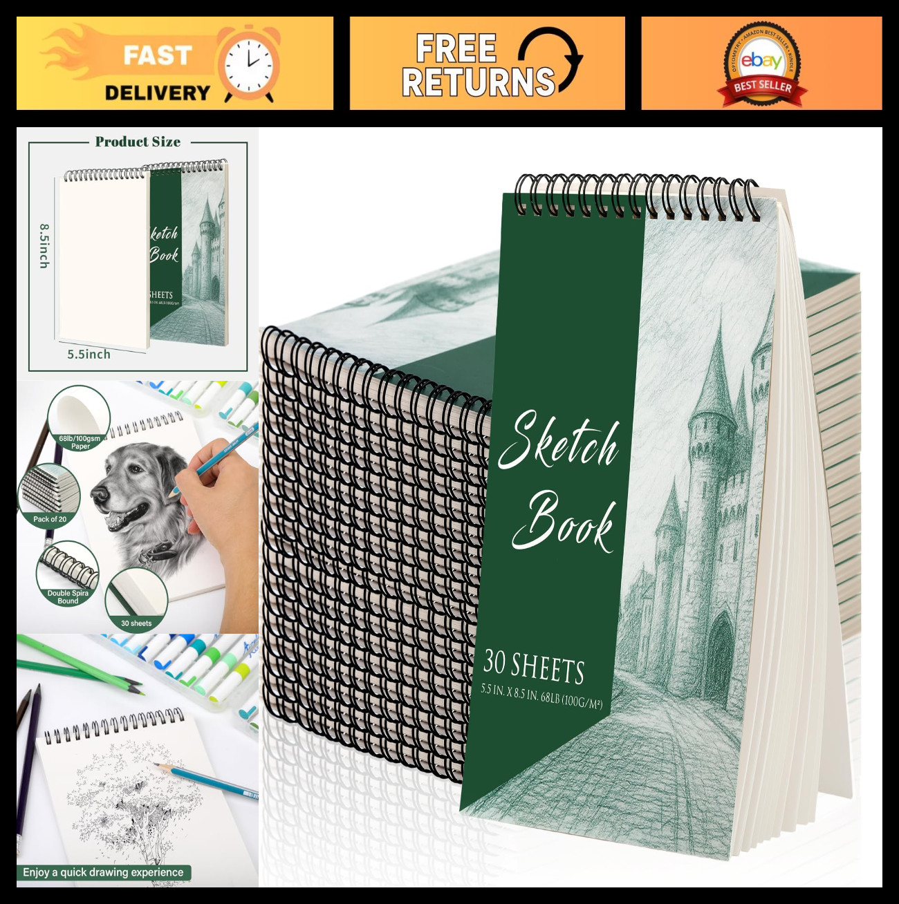 20 Pack Mini Sketchbooks 5.5″x8.5″ Top Spiral Bound Blank Pads for Kids, 30 Shee