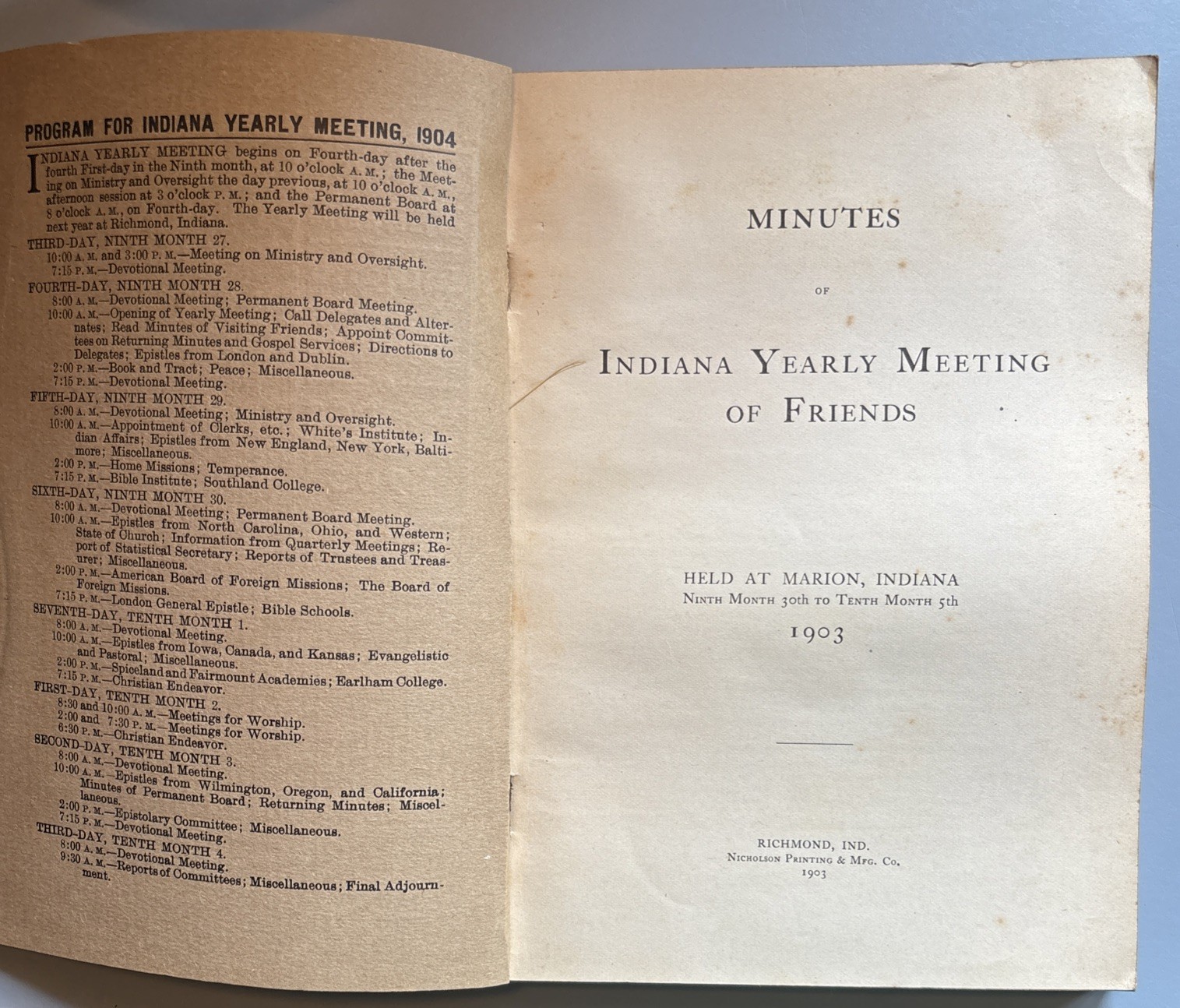 Indiana Yearly Meeting of Friends 1903 Richmond IN Quaker Pamphlet 198 Pages