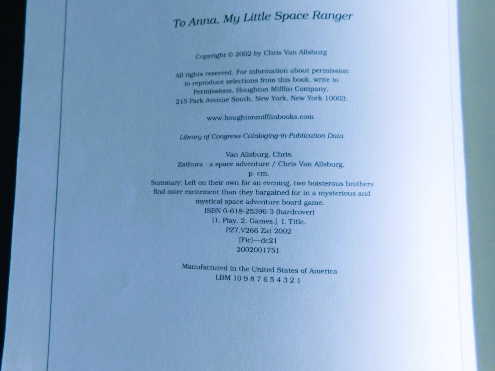 Zathura-A Space Adventure, Signed by Chris Van Allsburg 2002 1st Edition