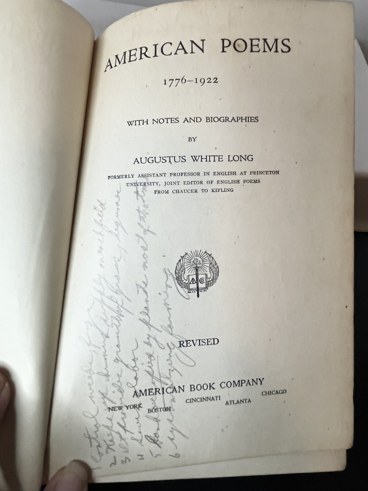 American Poems 1776-1922 Book Some Wear As Shown Writing On Some Pages Antique