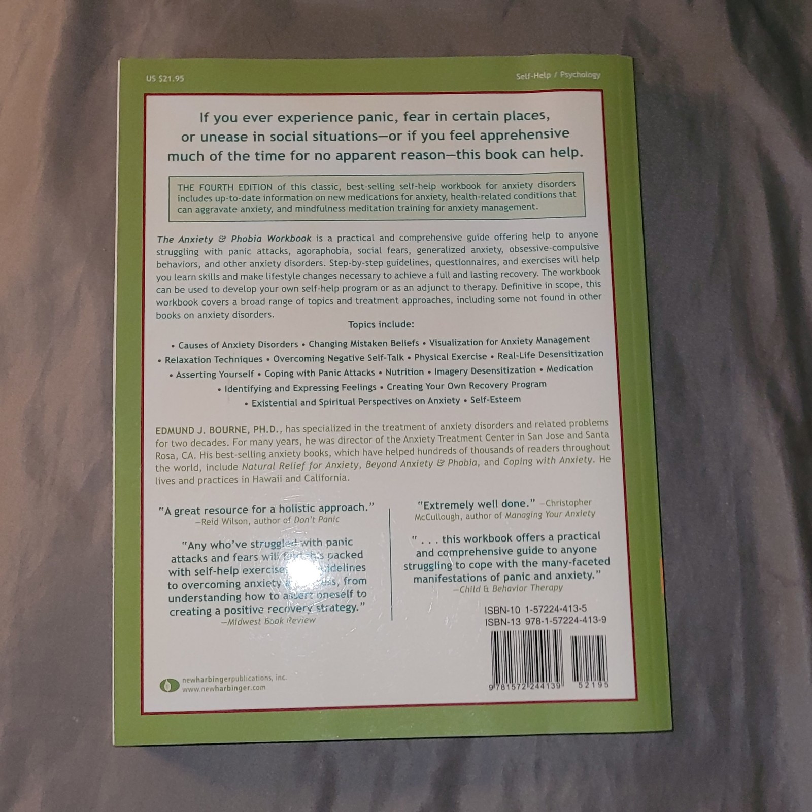 The Anxiety & Phobia Workbook by Bourne, Edmund J. NEW 4th Ed