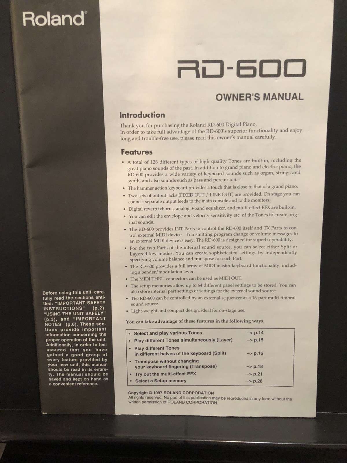 Roland RD-600 Owner’s Instruction Manual: 80 Pages