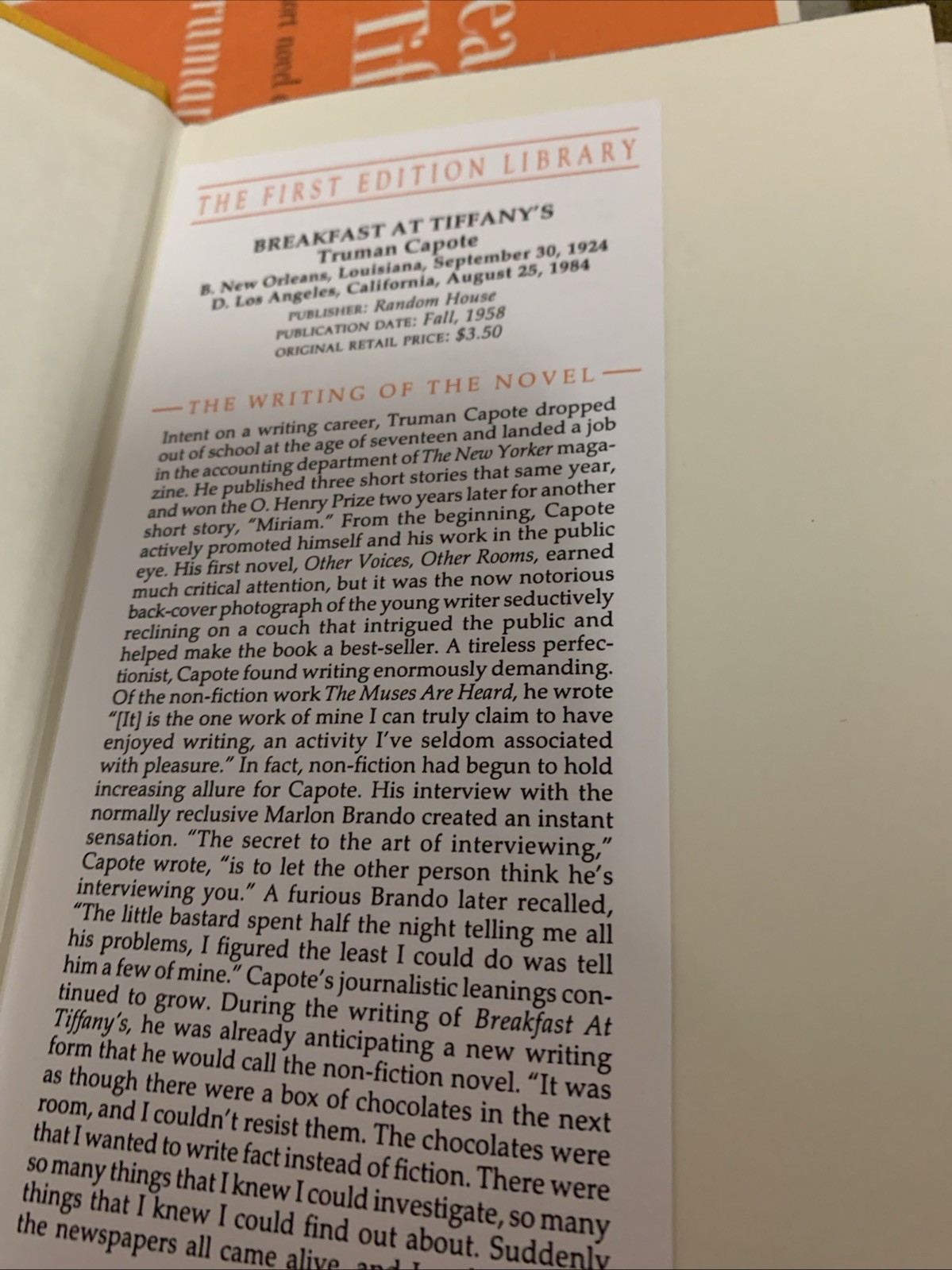 BREAKFAST AT TIFFANY’S By Truman Capote First Edition Library Facsimile Edition