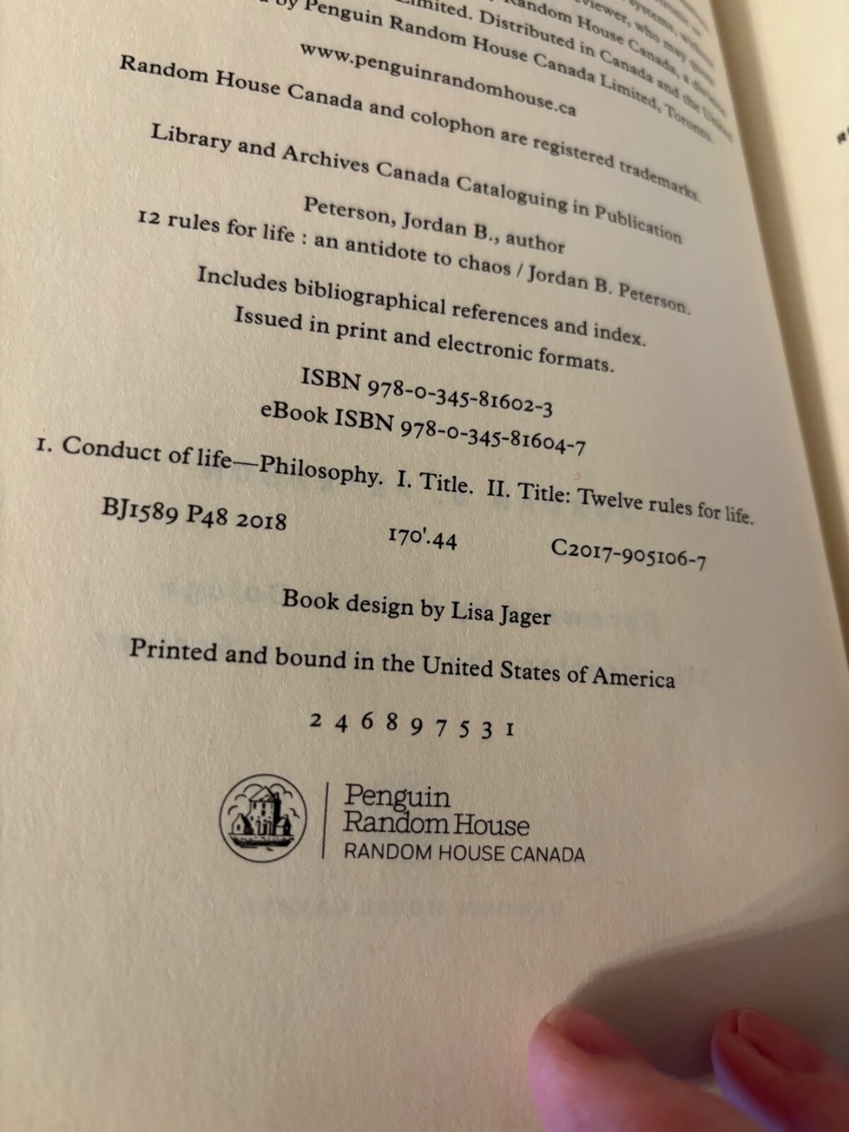 12 Rules for Life. Jordan B. Peterson 1st HC Ptg. Random House Canada 2018.
