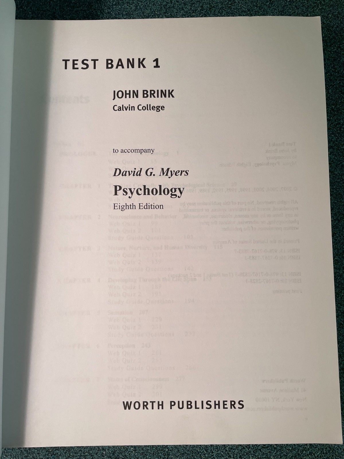Test Bank Volume 1 (To accompany David G. Myers Exploring Psychology)