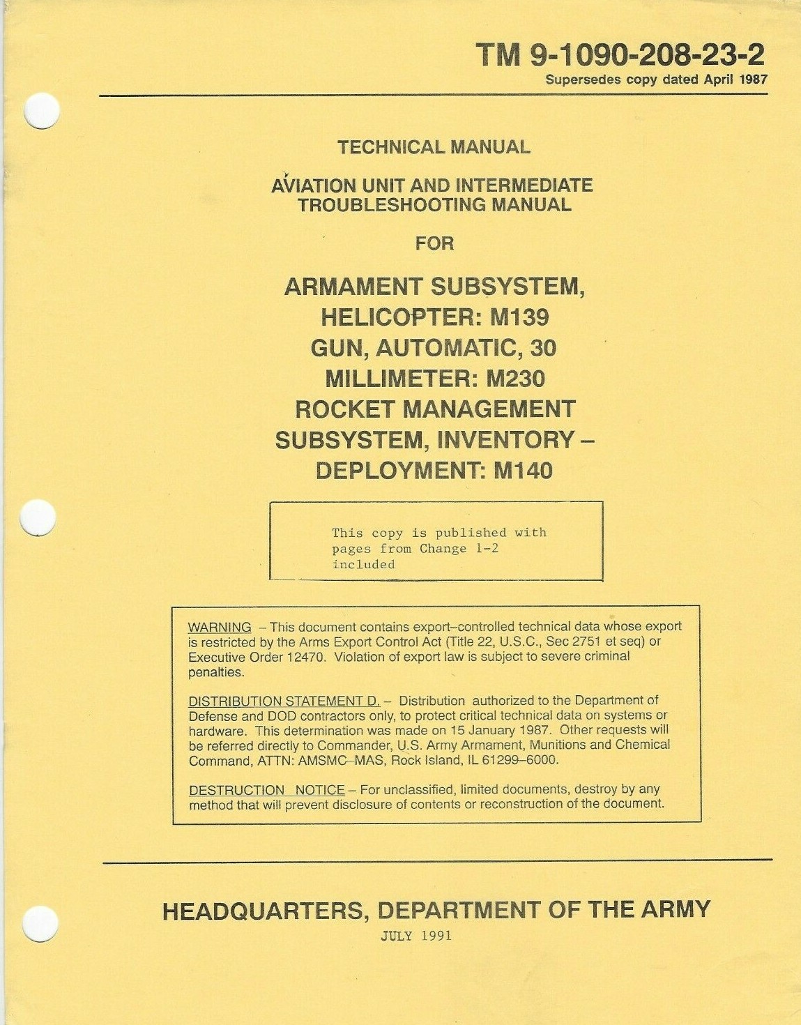Historical book on Armament Subsystem, Helicopter, 30 mm, M139, Unit Maint, 1991