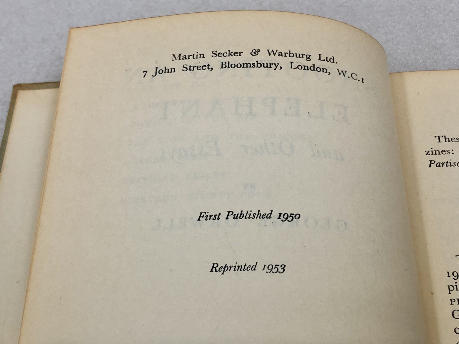 George Orwell – Shooting An Elephant & Other Essays 1953 Reprinted (UK) HC Book