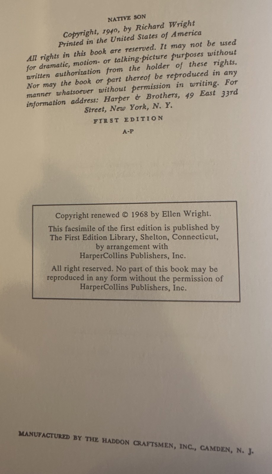 Native Son – Richard Wright First Edition Library HCDJ