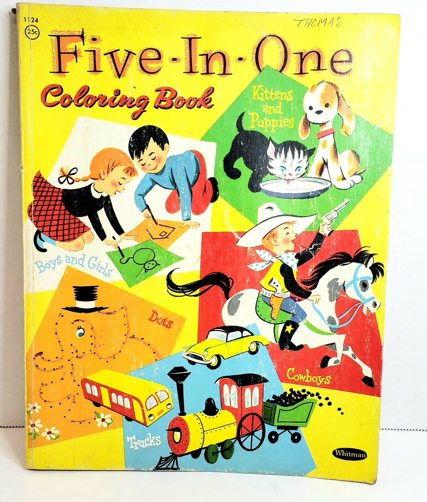 Vintage Whitman Publishing Coloring Book 1957 Five-In-One Cowboys Pets Dots