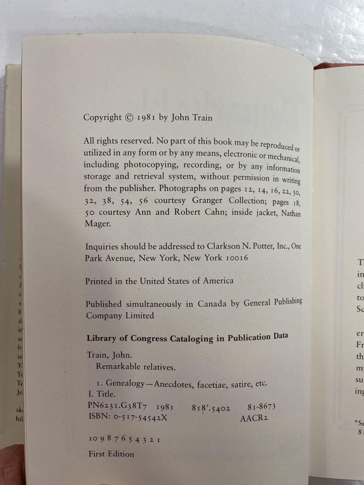 John Train REMARKABLE RELATIVES 1st Edition 1st Printing Clarkson N. Potter